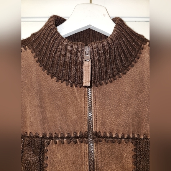 VINTAGE PLANET & COMPANY BROWN PATCH LEATHER CABLE KNIT ZIP SWEATER VEST SIZE M - Picture 5 of 10